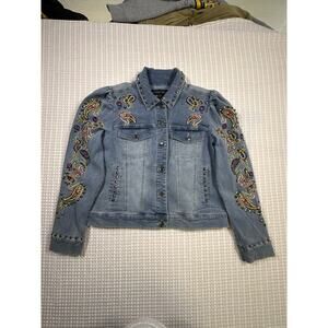 Boston Proper Embroidered Denim Jacket Studded Boho Western Festival Statement